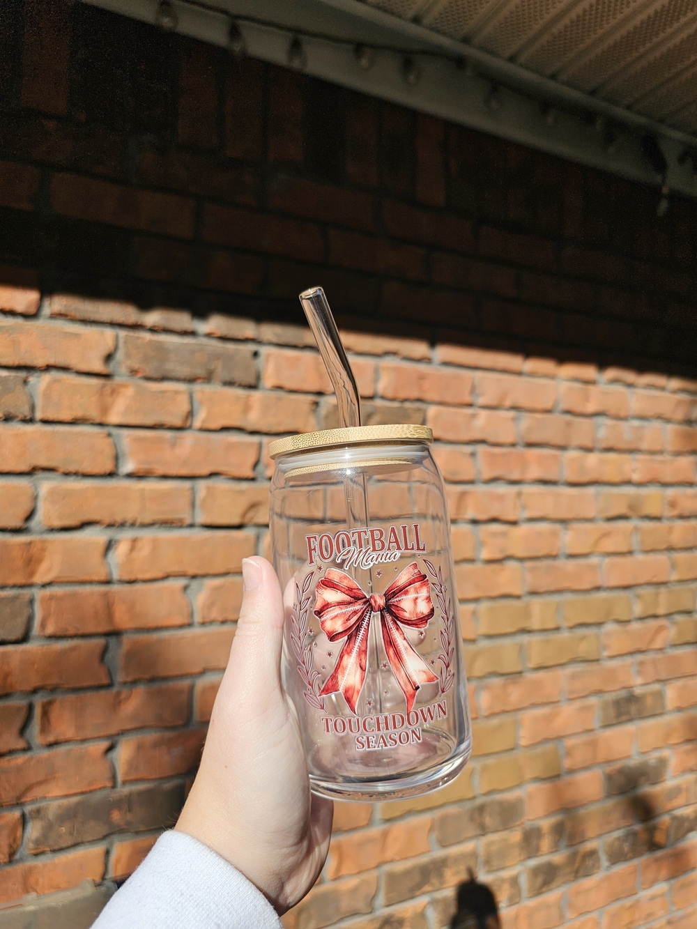 Football Mama Red Bow Glass Tumbler with Straw
